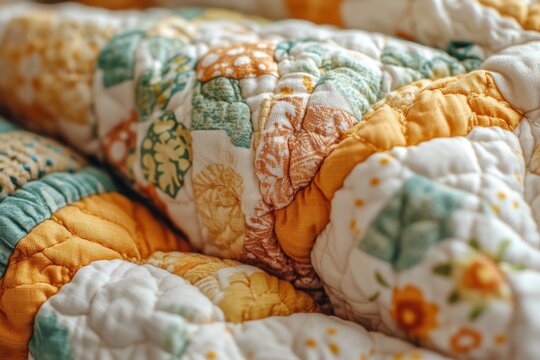 Cozy handcrafted quilt with floral pattern in warm tones creating a comforting and nostalgic atmosphere close up shot capturing the texture and detail