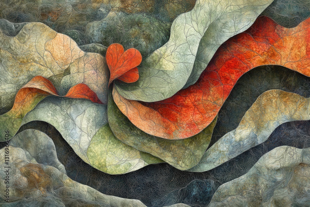 Poster abstract leaf design with heart shaped leaf in red and orange tones on a textured background creatin
