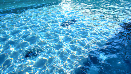 Obraz premium A sparkling blue water surface reflects sunlight, creating a tranquil and mesmerizing aquatic scene that evokes relaxation and beauty.