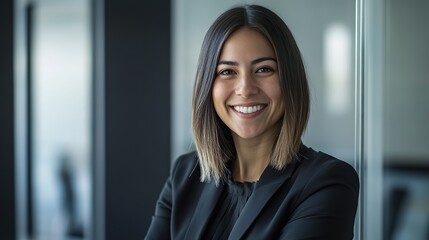 Fototapeta premium Beautiful Smiling Business Woman in Business Suit at Office Window, Professional Profile Picture, Minimalist Interior