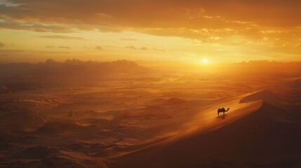 Camel silhouette at sunset in a vast desert landscape.