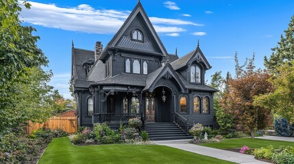 Fototapeta premium Quirky Victorian home with asymmetrical design, patterned shingles, and a dramatic front staircase.