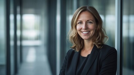 Naklejka premium Beautiful Smiling Business Woman in Business Suit at Office Window, Professional Profile Picture, Minimalist Interior