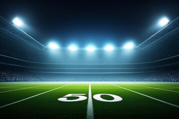 American football stadium field with 50 yard line at night.