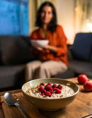 Femme d&rsquo;environ 30 ans en tenue d&eacute;contract&eacute;e tenant un bol de porridge aux fruits rouges, assise sur un canap&eacute; dans une ambiance chaleureuse