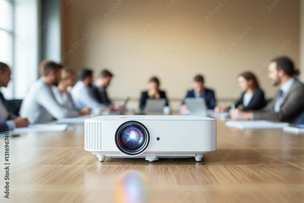 Poster close-up of a projector on a wooden table in a meeting room with blurred businesspeople in the backg