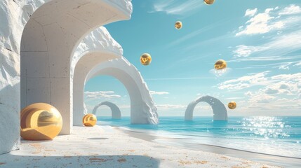 Abstract Architectural Structure with Arches and Golden Balls on Sandy Beach with Sky Background