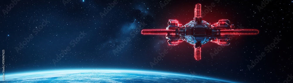 Poster futuristic space station in orbit above earth with glowing red structures and starry background