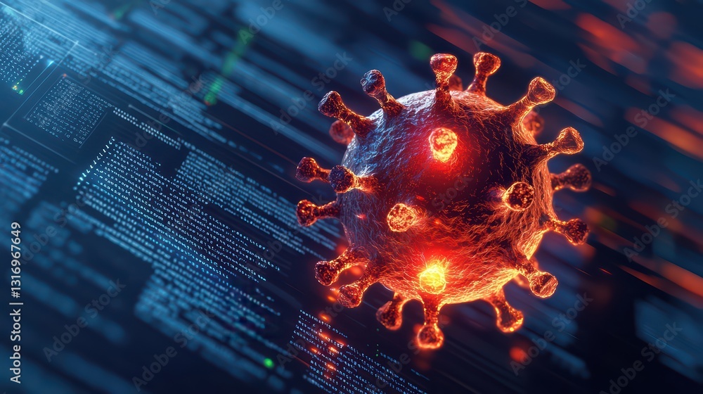 Poster glowing virus spreading through cyberspace with digital background and data stream elements