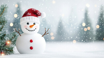 A cheerful snowman wearing a red hat and scarf, surrounded by winter scenery and snow.