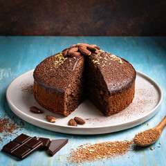 G&acirc;teau moelleux au chocolat et aux flocons d&rsquo;avoine, d&eacute;cor&eacute; d&rsquo;amandes et de cacao en poudre sur une assiette blanche