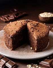 Gâteau moelleux au chocolat et aux flocons d’avoine, saupoudré de cacao et décoré de copeaux de chocolat sur une assiette rustique