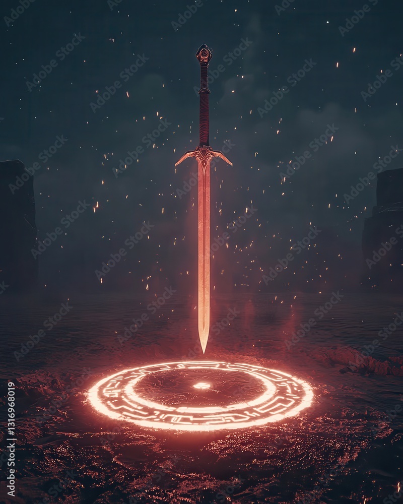 Poster enchanted sword with mystical symbols in dark atmospheric setting