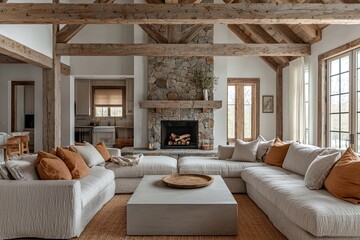 A modern minimalist interior design of a farmhouse living room built with wooden architecture. Generative AI
