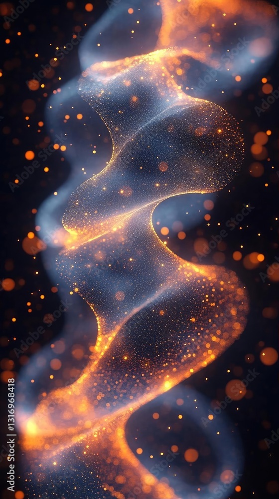 Poster abstract swirling light patterns with glowing particles in a dark background, creating a mystical at