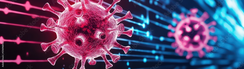 Poster neon virus symbols manifesting in abstract floating design with colorful background