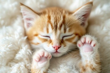 Adorable sleeping kitten on fluffy white background..