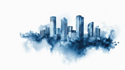 Watercolor Painting of a Cityscape with Drowning Elements in Vibrant Blue Tones