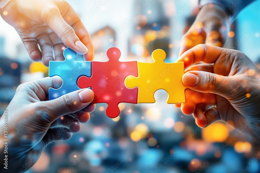 Poster hands connecting colorful puzzle pieces.