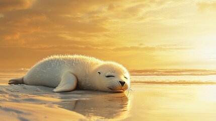 Naklejka premium Sleeping seal pup on beach at sunset.