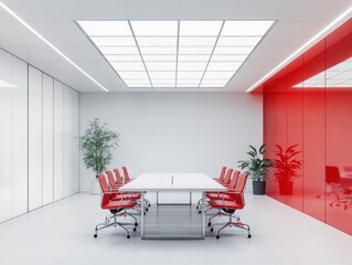 Fototapeta premium Modern red and white minimalist meeting room interior.