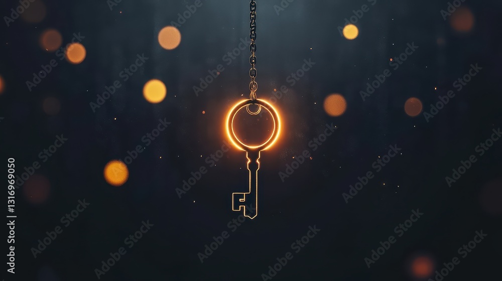 Poster glowing key pendant with magical light and soft bokeh background