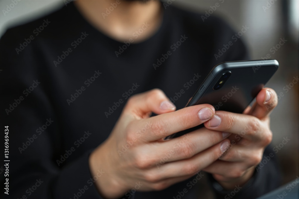 Poster close-up of hands holding a smartphone with a blurred background.