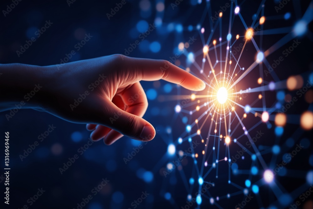 Poster Hand touching glowing network of interconnected nodes in digital space.