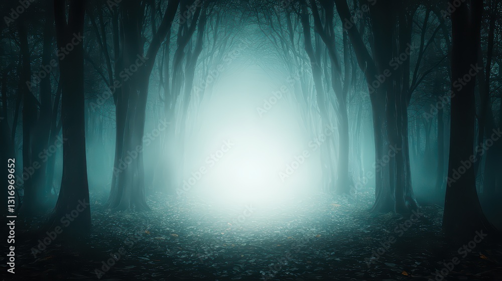 Poster eerie misty forest path with ethereal light suggesting unknown elements and atmosphere