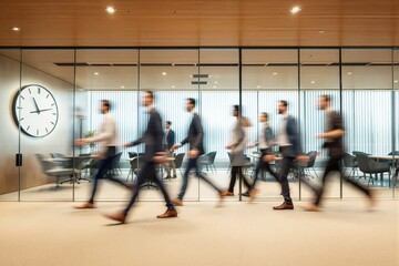 Fototapeta premium Motion blur of business professionals walking in modern office hallway.