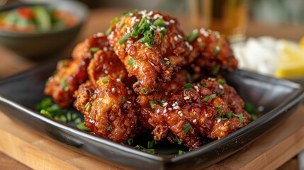 Fototapeta premium Deliciously Crispy Chicken Wings Glazed in Sweet and Spicy Sauce Topped with Chopped Green Onions and Sesame Seeds