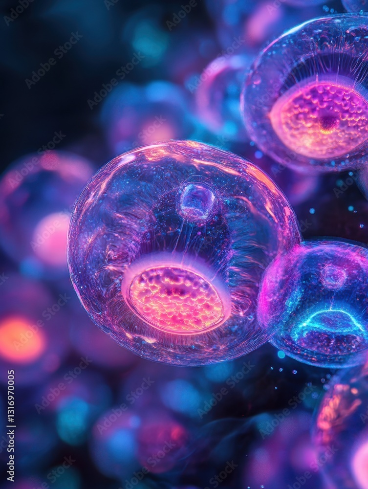 Poster microscopic view of vibrant cells with glowing nuclei floating in a dark fluid creating a surreal bi