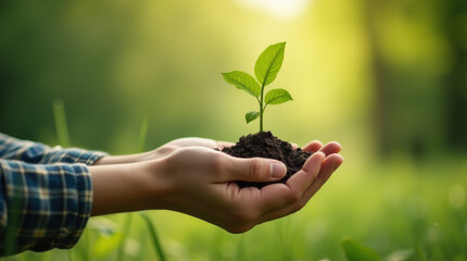 Hands tenderly holding soil with a fragile green sprout, illustrating the connection between humans and nature.