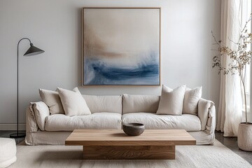 A modern minimalist interior design in the living room with art frames hanging on the wall and a sofa and coffee table. Generative AI
