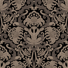 Damask style pattern, abstract flowers, grey and black colors. Seamless floral pattern-665.