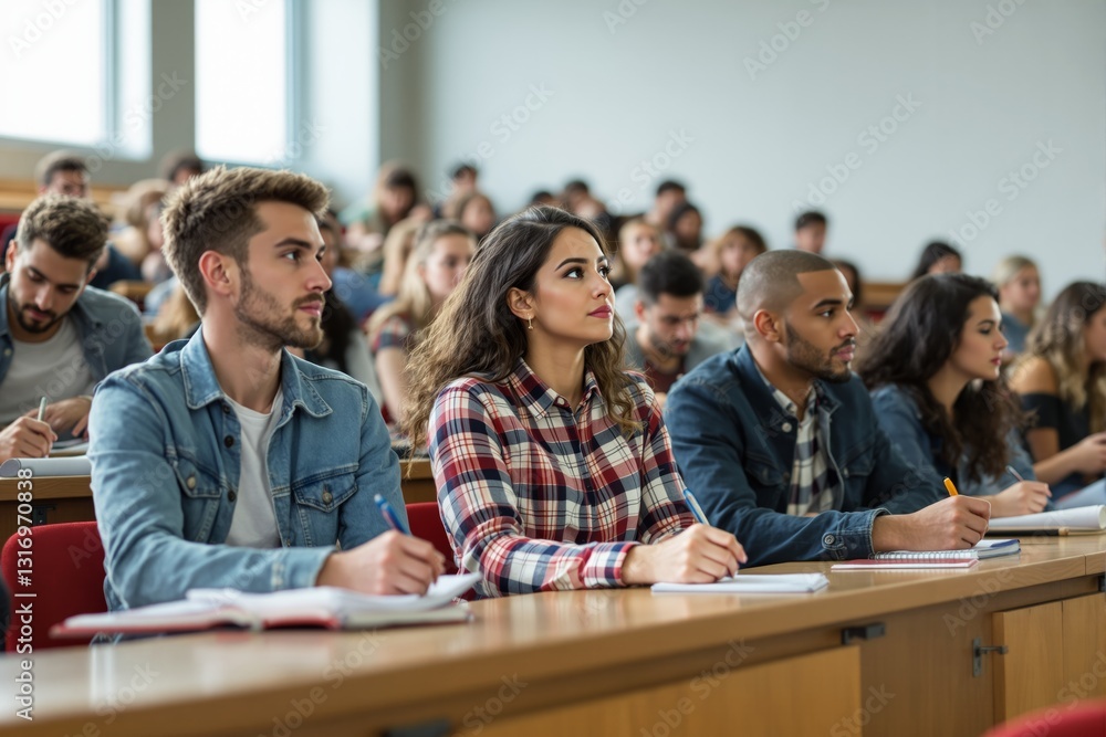 Poster students in lecture hall taking notes.