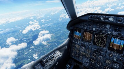 Aircraft cockpit view over scenic landscape aerial flight experience realistic imagery cloudy environment