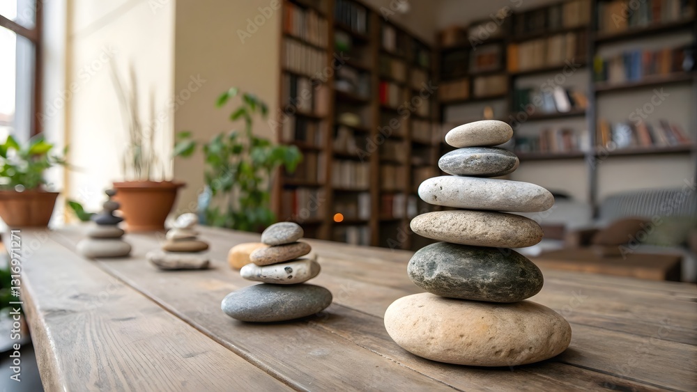Poster balanced stone stacks arranged on a rustic wooden table, creating a minimalist and artistic display 