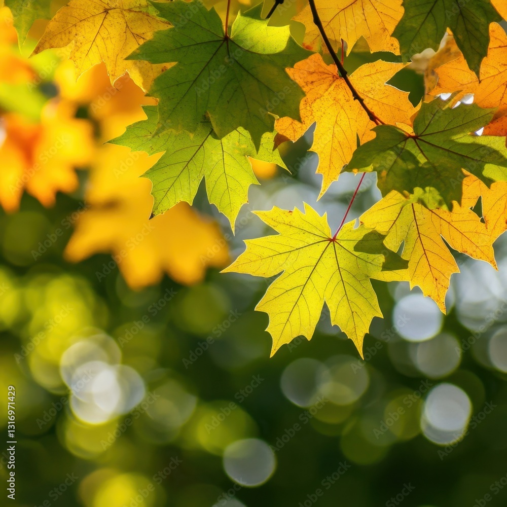 Wall mural vibrant autumn maple leaves in sunlight against a blurred green background creating a serene and nat