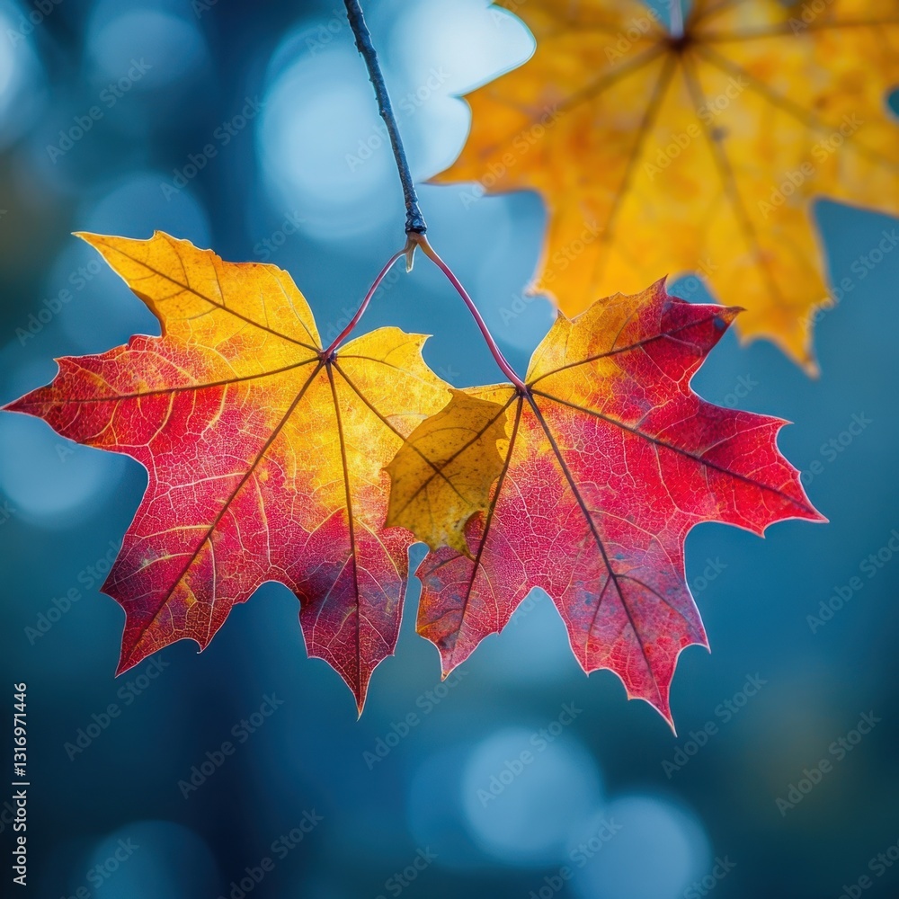 Aufkleber vibrant maple leaves in autumn colors against a blurred blue background creating a serene and peacef