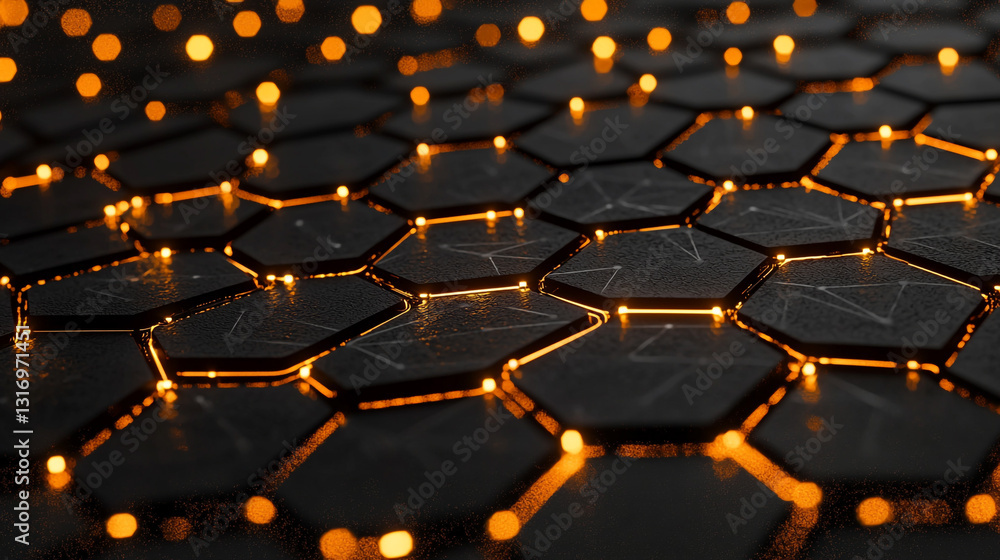 Poster abstract hexagon pattern with glowing orange lights dark background technology design 3d grid shiny