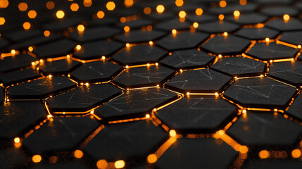 Obraz premium Abstract hexagon pattern with glowing orange lights dark background technology design 3d grid shiny