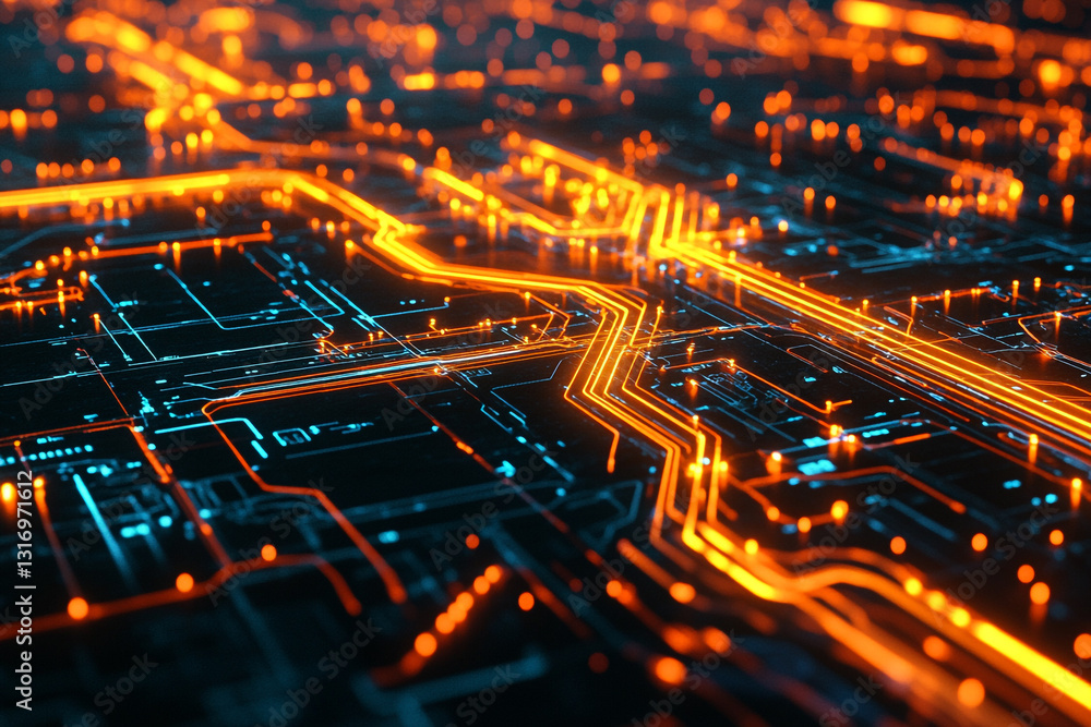 Poster abstract digital circuit board technology background orange glow data lines wires cyber future desig