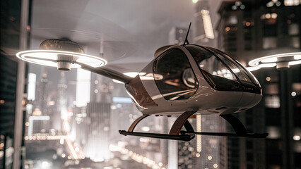 A sleek electric air taxi hovers above a neon-lit futuristic city, blending advanced technology, modern aviation, and smart urban transport in a cyberpunk-inspired metropolis.