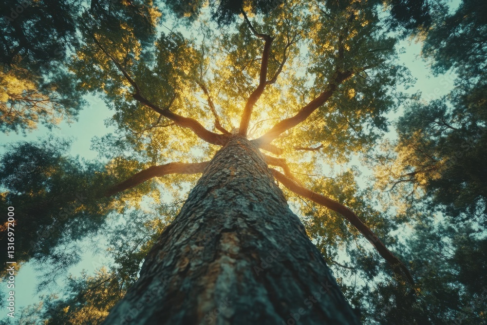 Poster majestic tree reaching towards the sky with sun rays filtering through the canopy in a serene forest