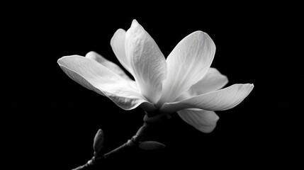 Fototapeta premium Captivating monochrome magnolia bloom with delicate petals against a stark black backdrop artistic floral photography