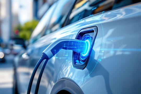 Electric car charging with digital interface on car body. - Powered by Adobe