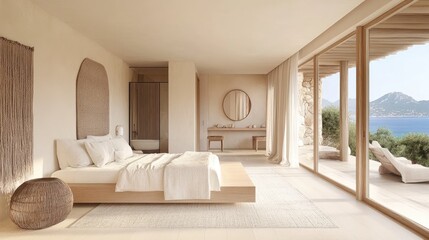 Fototapeta premium Serene nature-inspired home interior with wood, stone, and soft earthy tones.