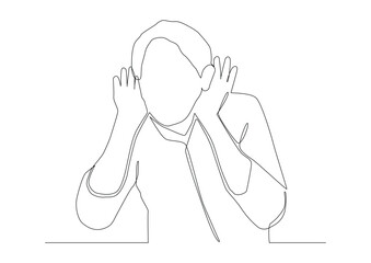 Continuous one line art of  a man who put his hand to his ear to hear better. Hearing problems, eavesdropping on gossip, poor communication. It can be used for animation.