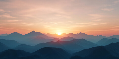 Fototapeta premium A serene landscape showcasing mountains bathed in soft light during sunrise, with a gradient of colors in the sky.